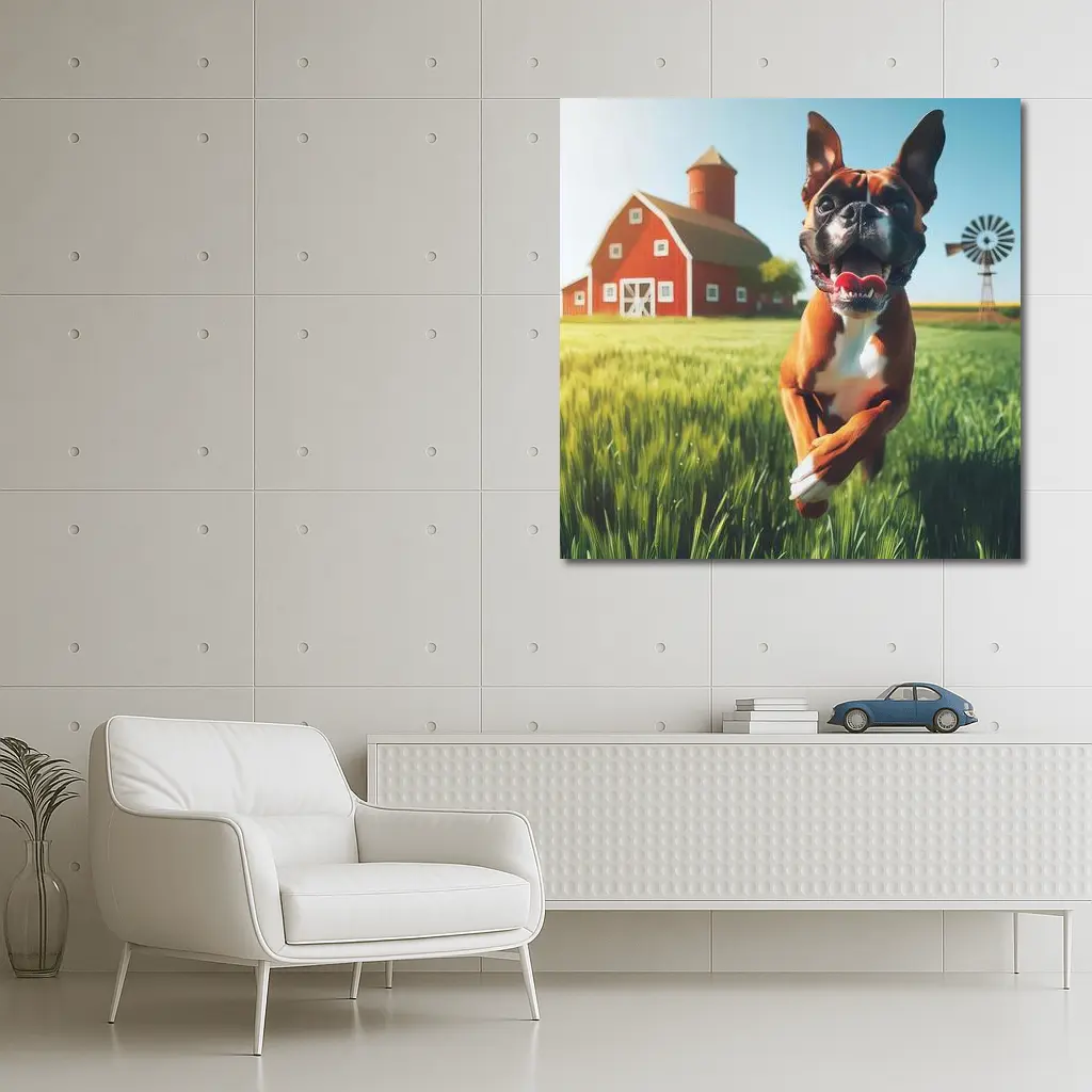 Happy Boxer Dog Running On Farm Field – Wall Art