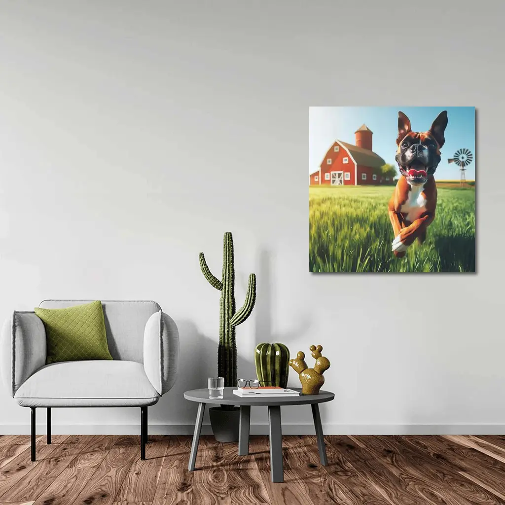 Happy Boxer Dog Running On Farm Field – Wall Art