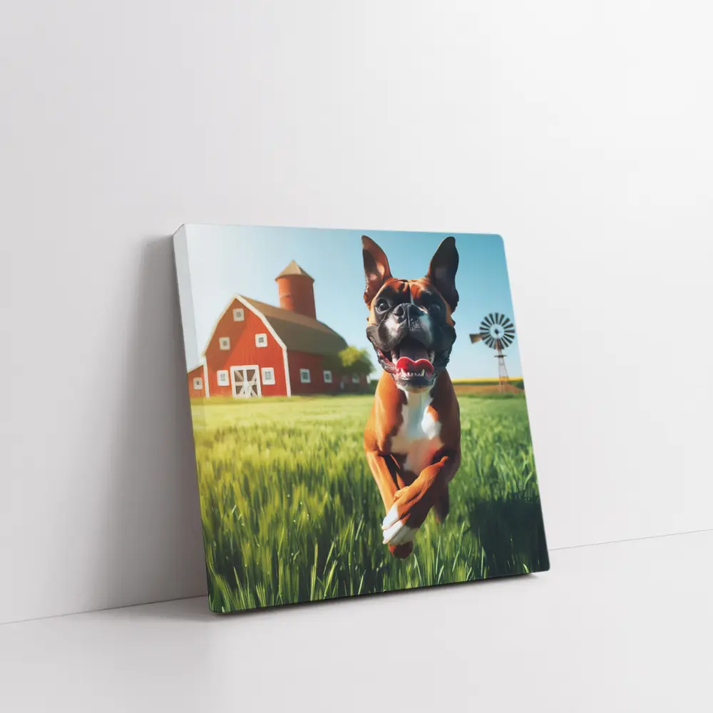 Happy Boxer Dog Running On Farm Field – Wall Art