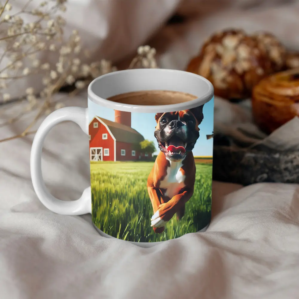 Happy Boxer Dog Running On Farm Field – Mugs