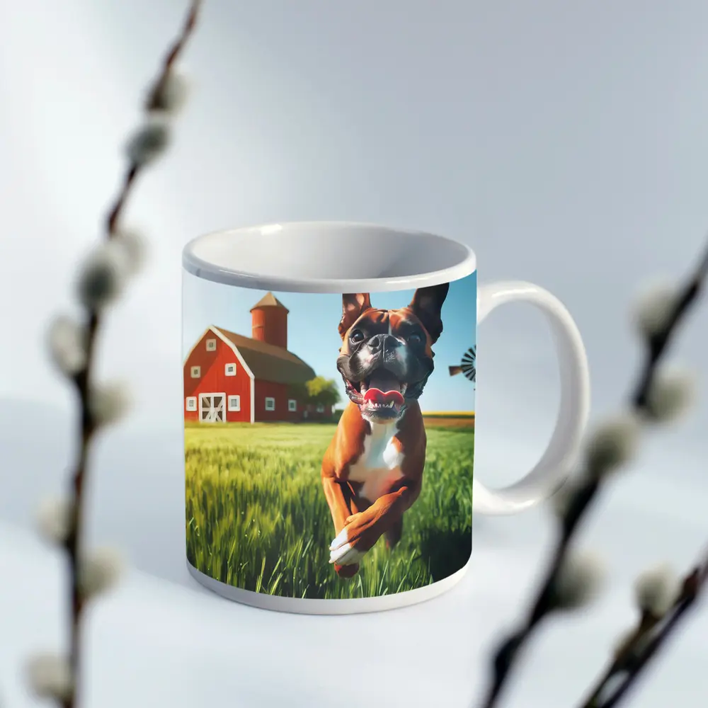 Happy Boxer Dog Running On Farm Field – Mugs