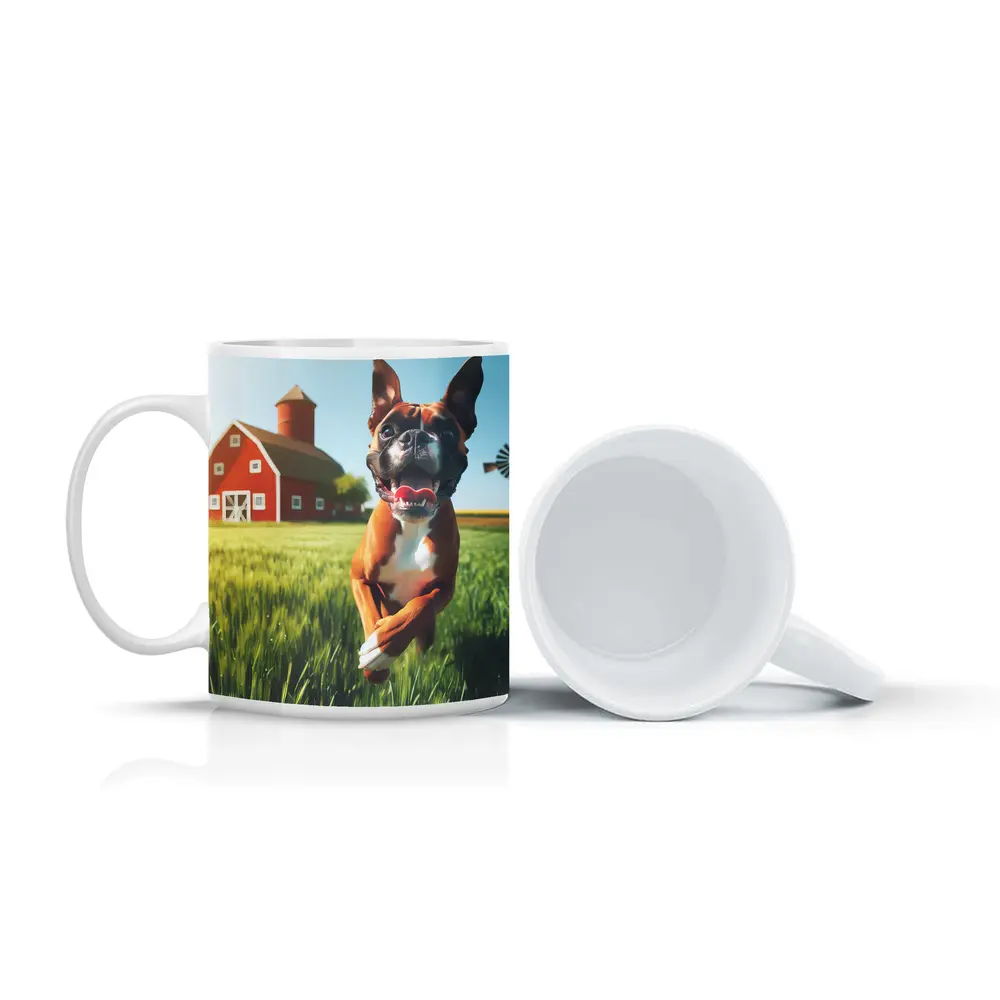 Happy Boxer Dog Running On Farm Field – Mugs