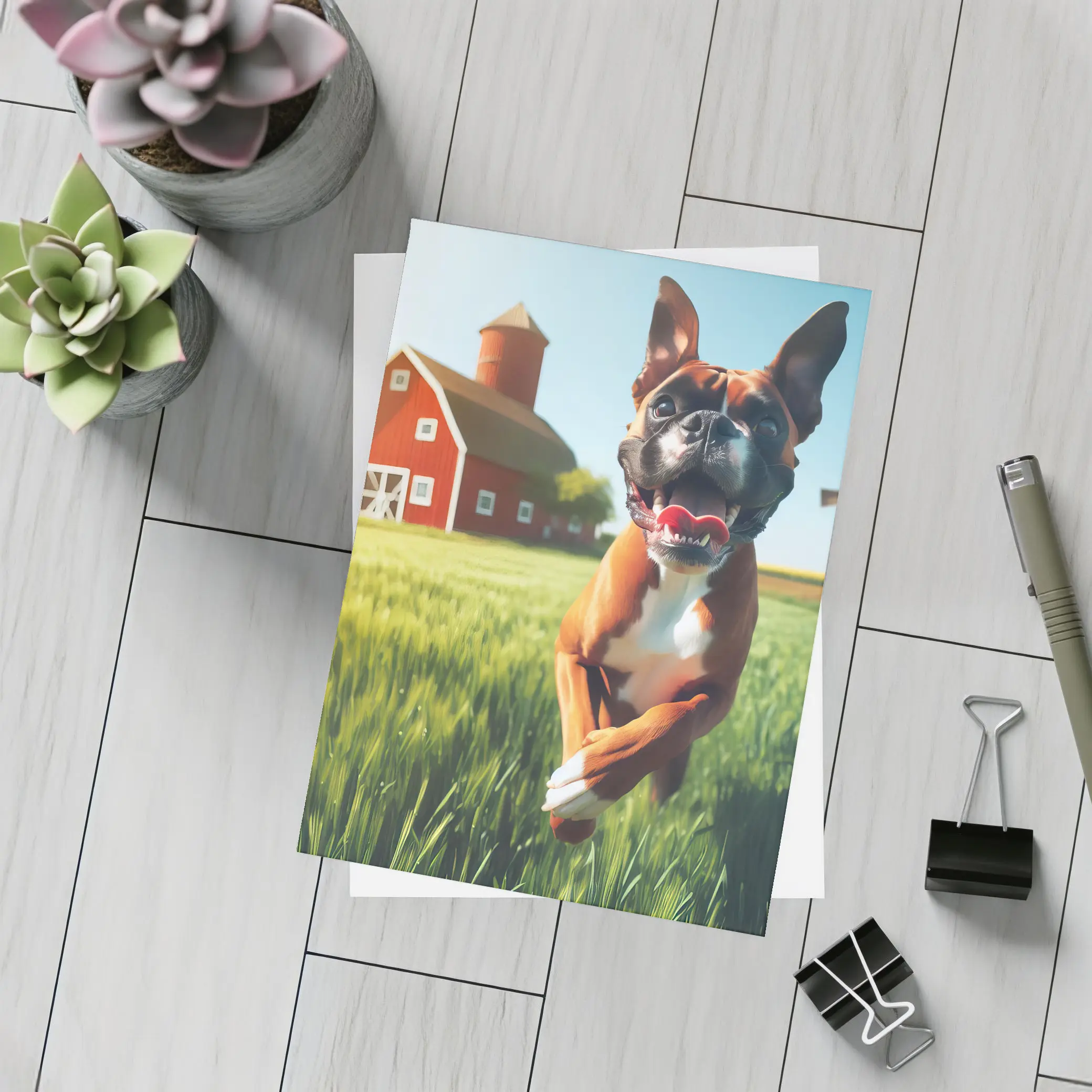 Happy Boxer Dog Running On Farm Field – Postcards