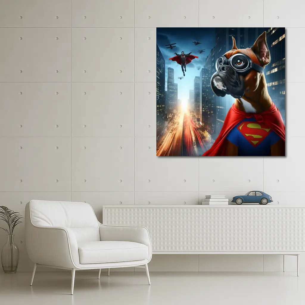 Boxer Dog Superhero Cape City Night – Wall Art