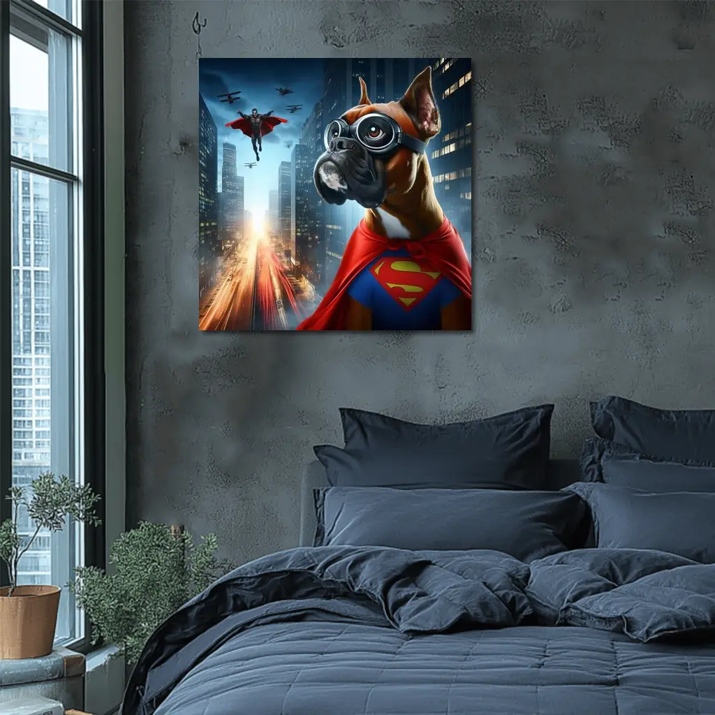 Boxer Dog Superhero Cape City Night – Wall Art