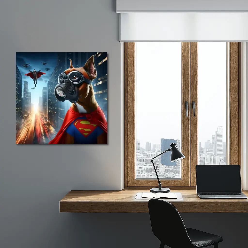 Boxer Dog Superhero Cape City Night – Wall Art