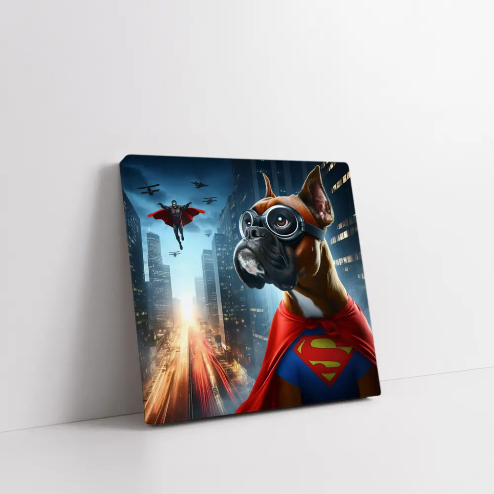 Boxer Dog Superhero Cape City Night – Wall Art