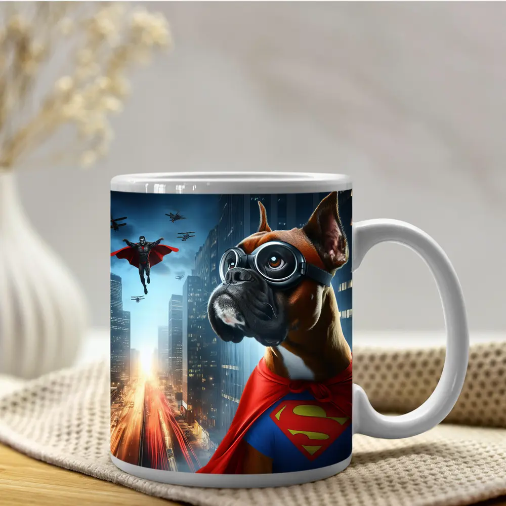 Boxer Dog Superhero Cape City Night – Mugs