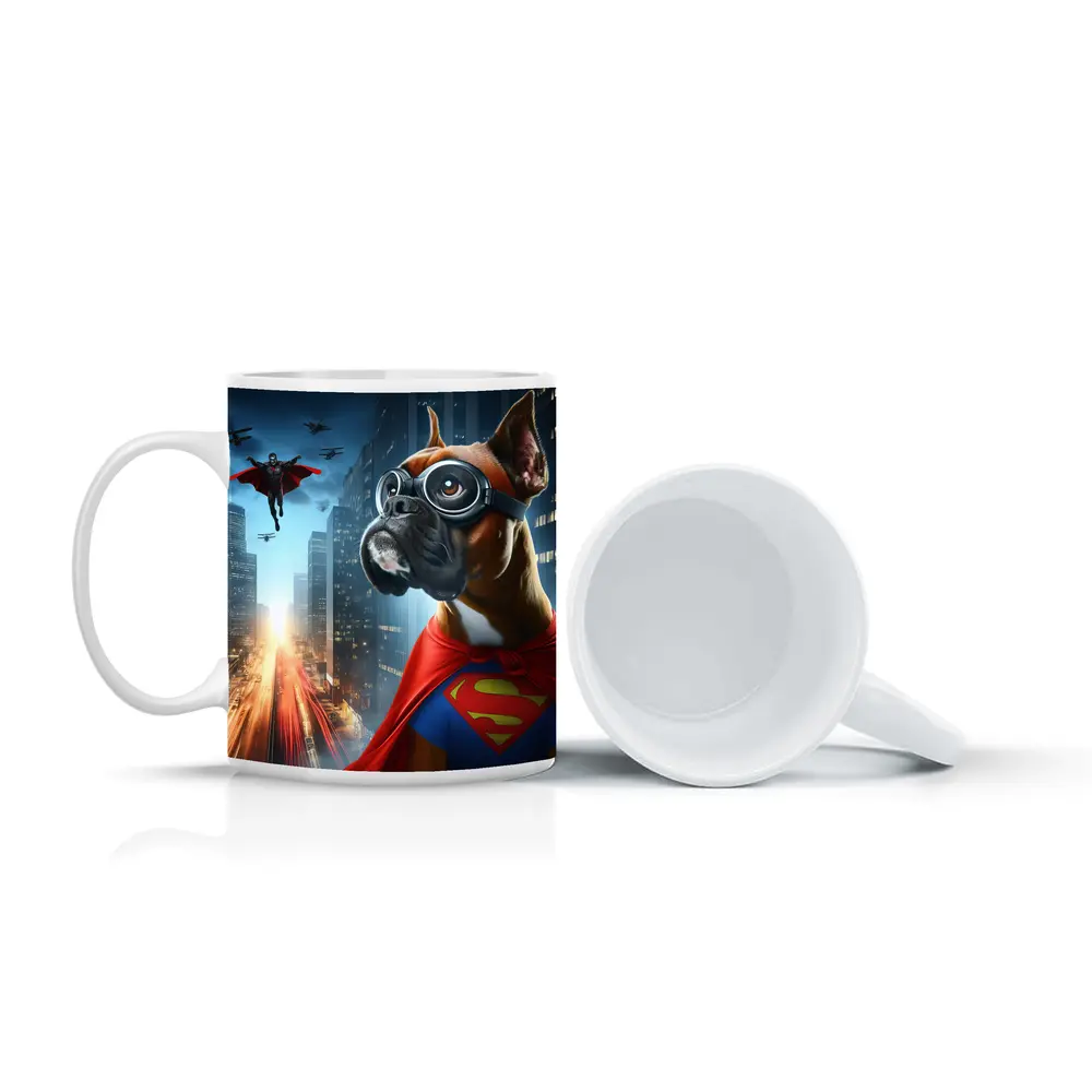 Boxer Dog Superhero Cape City Night – Mugs
