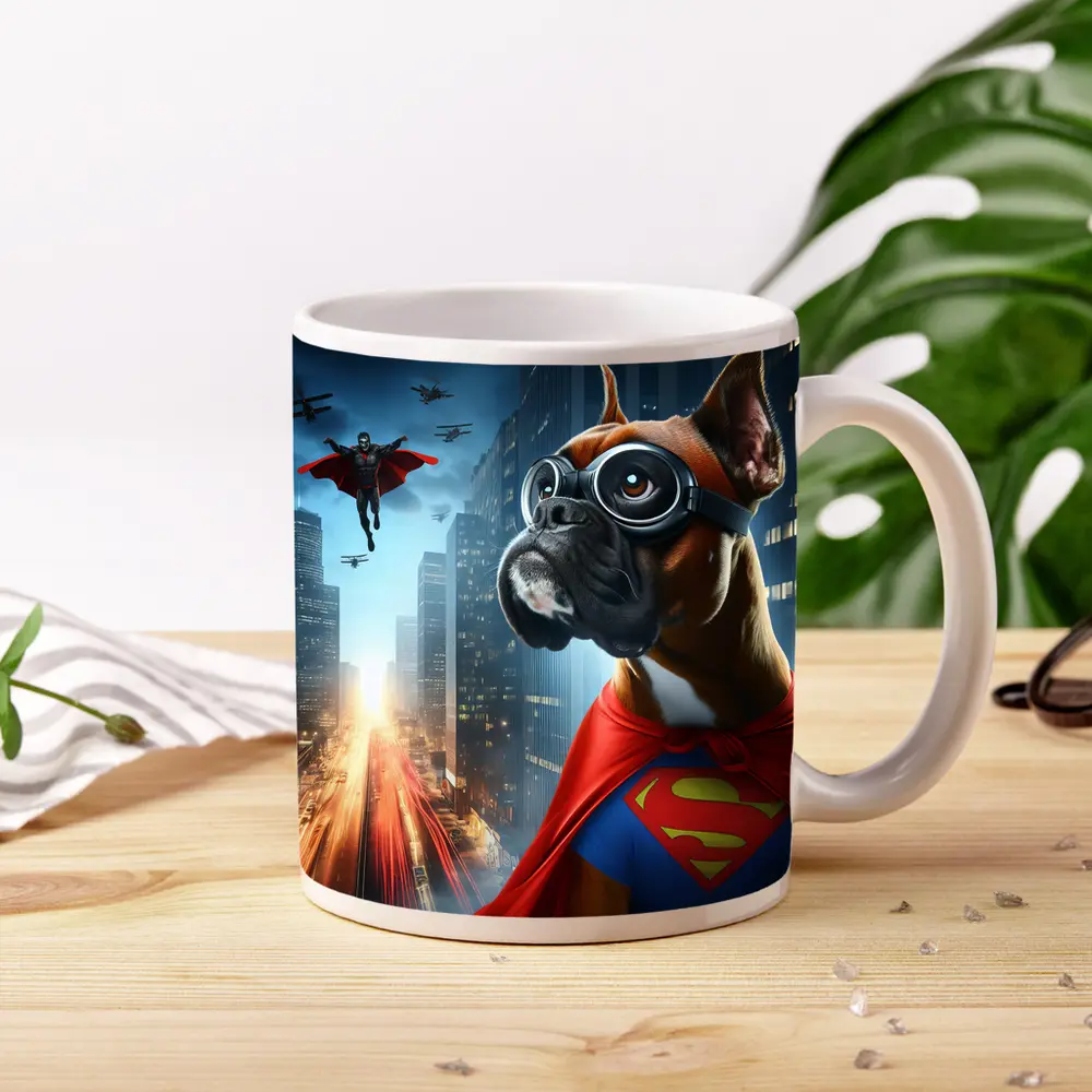Boxer Dog Superhero Cape City Night – Mugs