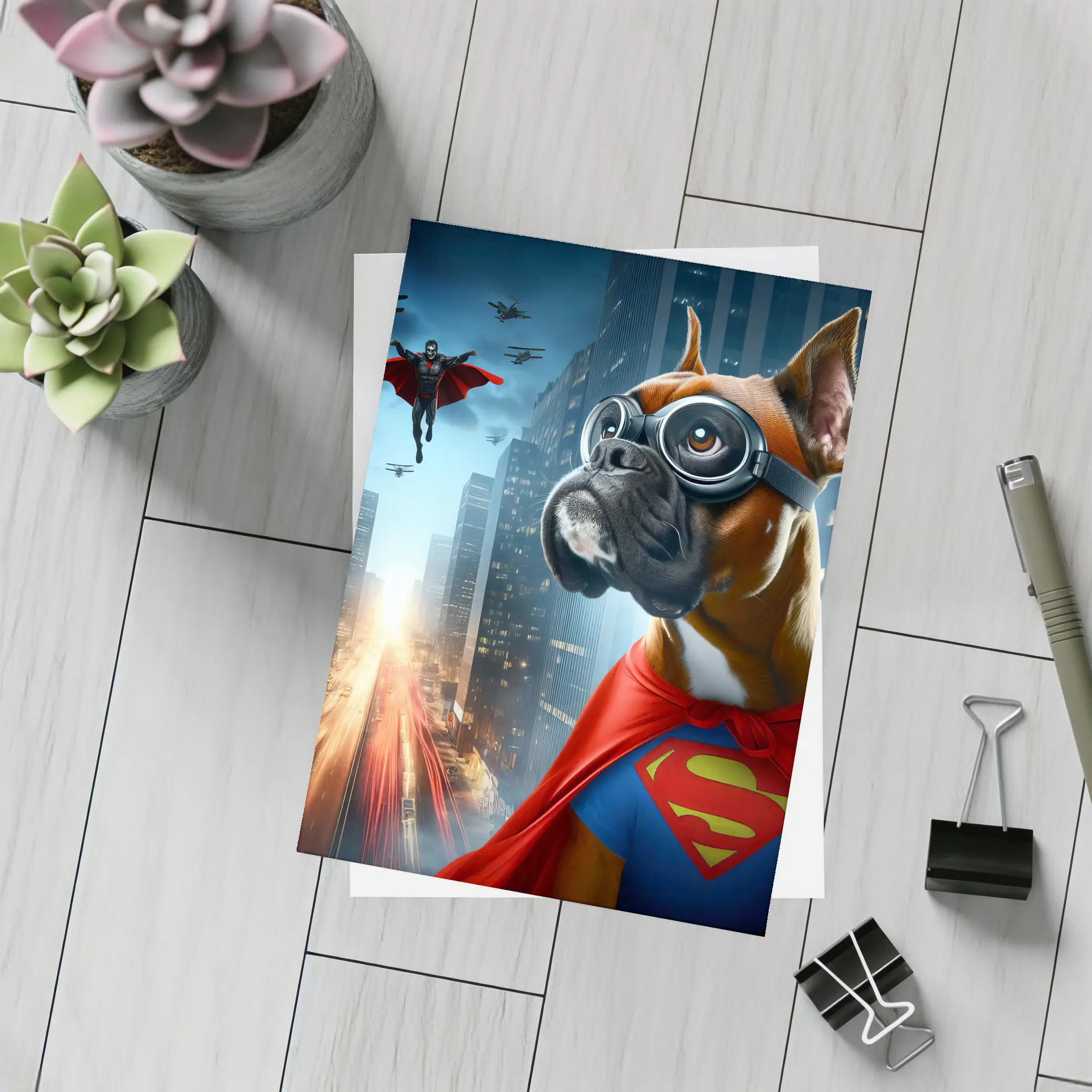 Boxer Dog Superhero Cape City Night – Postcards