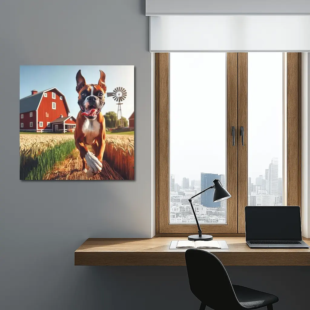 Boxer Dog Running Through Farm Wheat Field – Wall Art