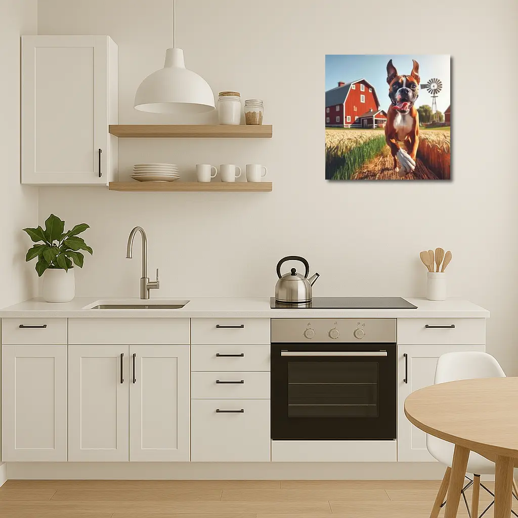 Boxer Dog Running Through Farm Wheat Field – Wall Art