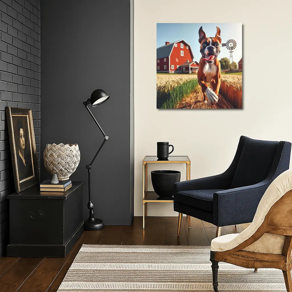 Boxer Dog Running Through Farm Wheat Field – Wall Art