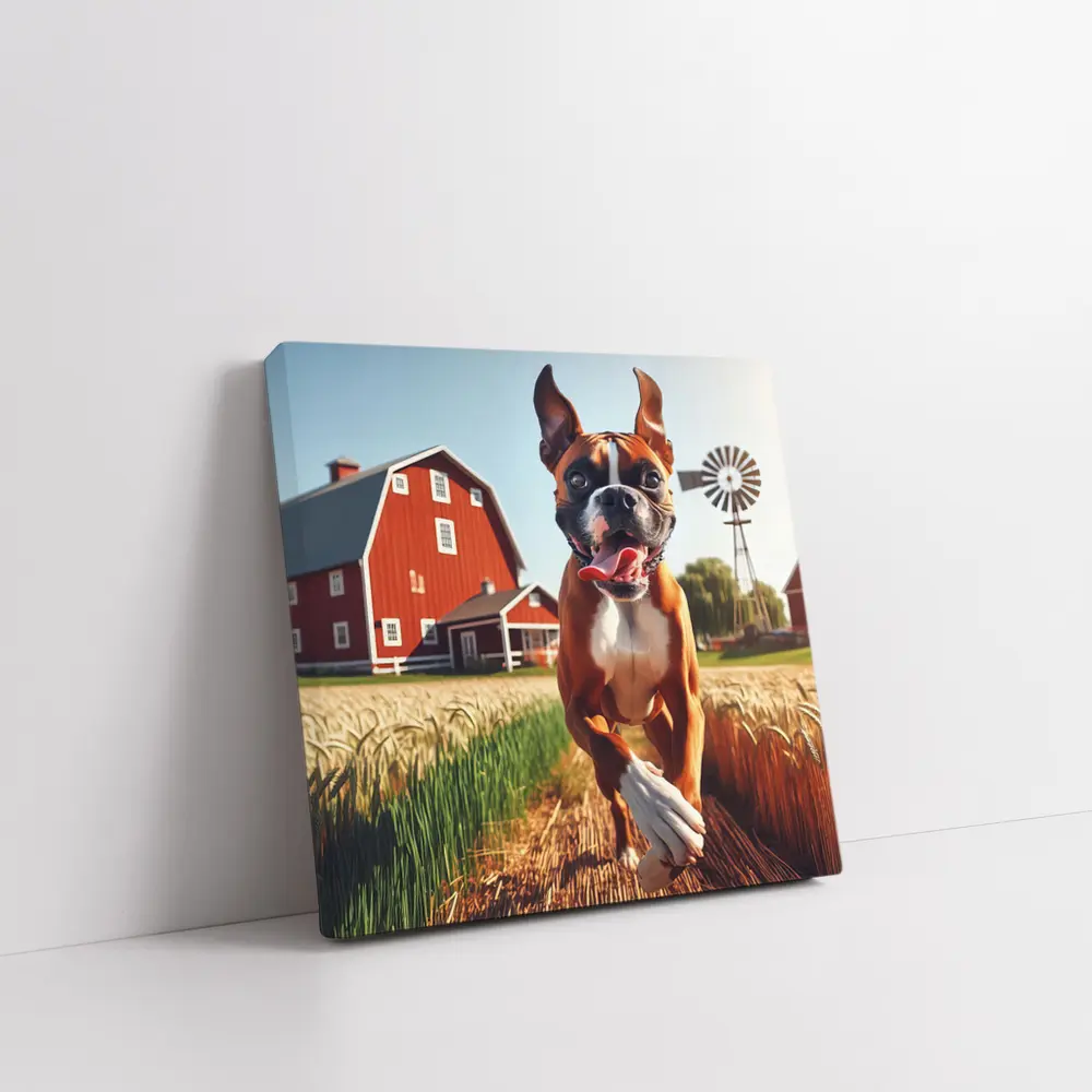 Boxer Dog Running Through Farm Wheat Field – Wall Art