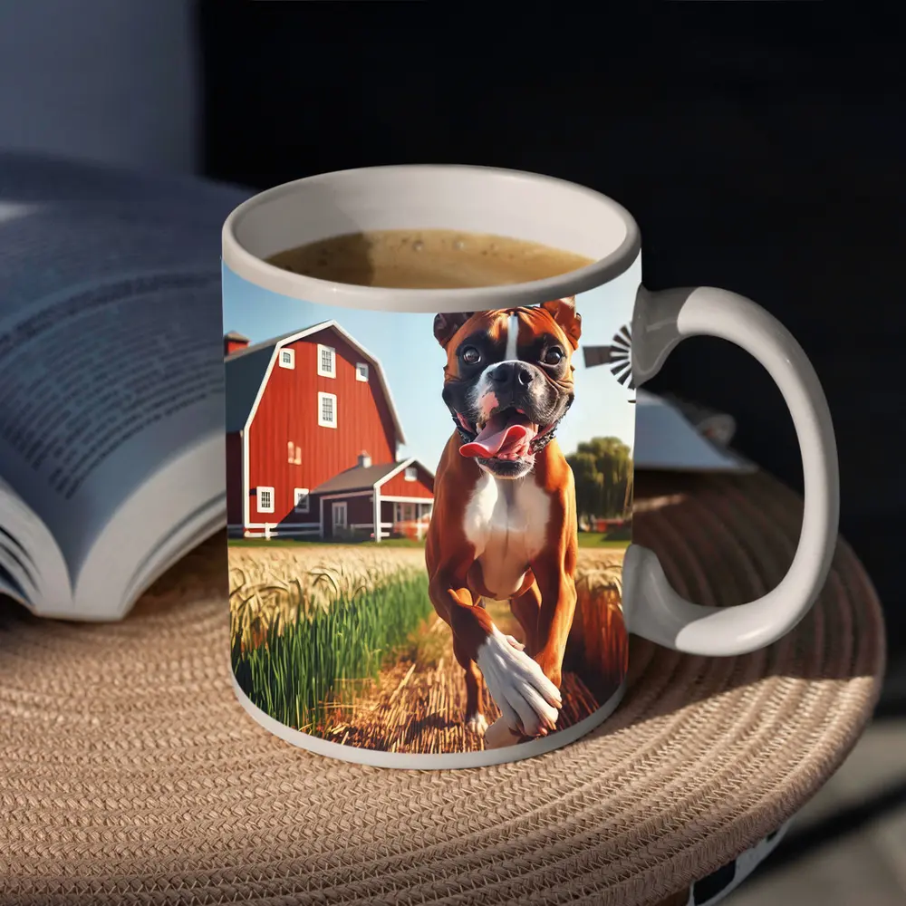 Boxer Dog Running Through Farm Wheat Field – Mugs