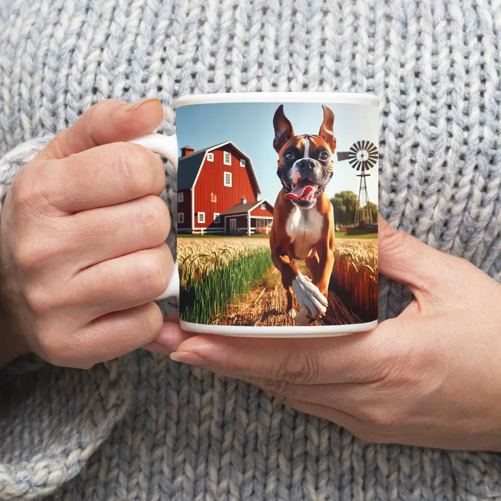 Boxer Dog Running Through Farm Wheat Field – Mugs