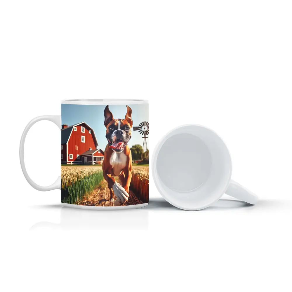 Boxer Dog Running Through Farm Wheat Field – Mugs
