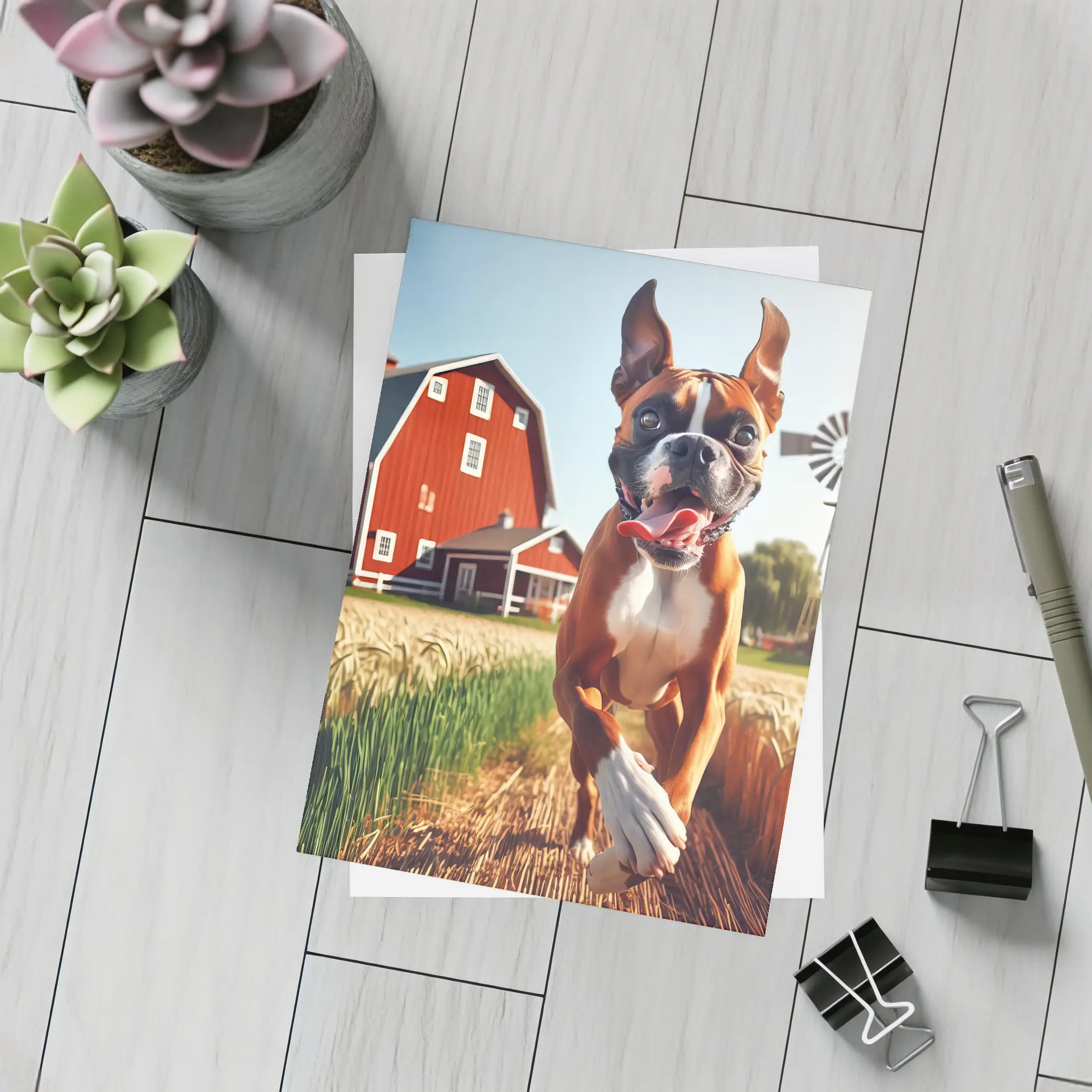 Boxer Dog Running Through Farm Wheat Field – Postcards
