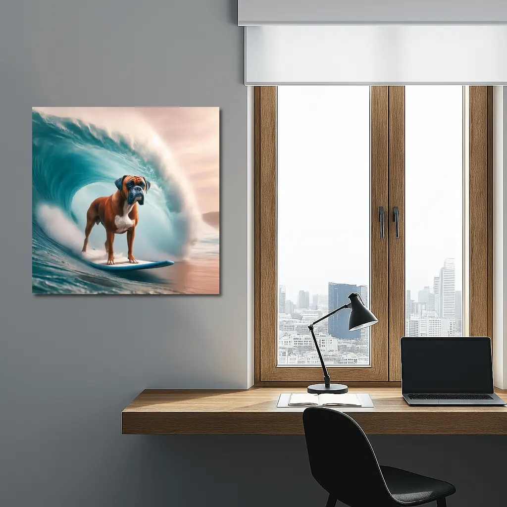 Boxer Dog Surfing Giant Ocean Wave – Wall Art