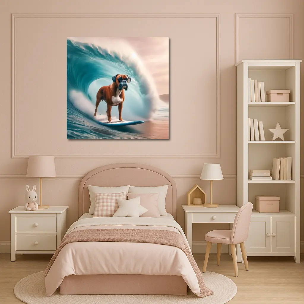 Boxer Dog Surfing Giant Ocean Wave – Wall Art