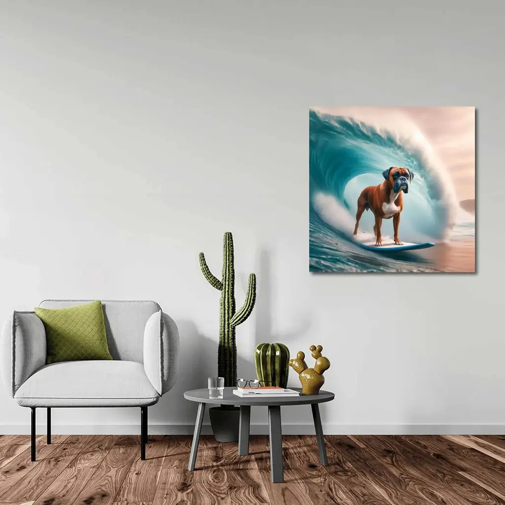 Boxer Dog Surfing Giant Ocean Wave – Wall Art