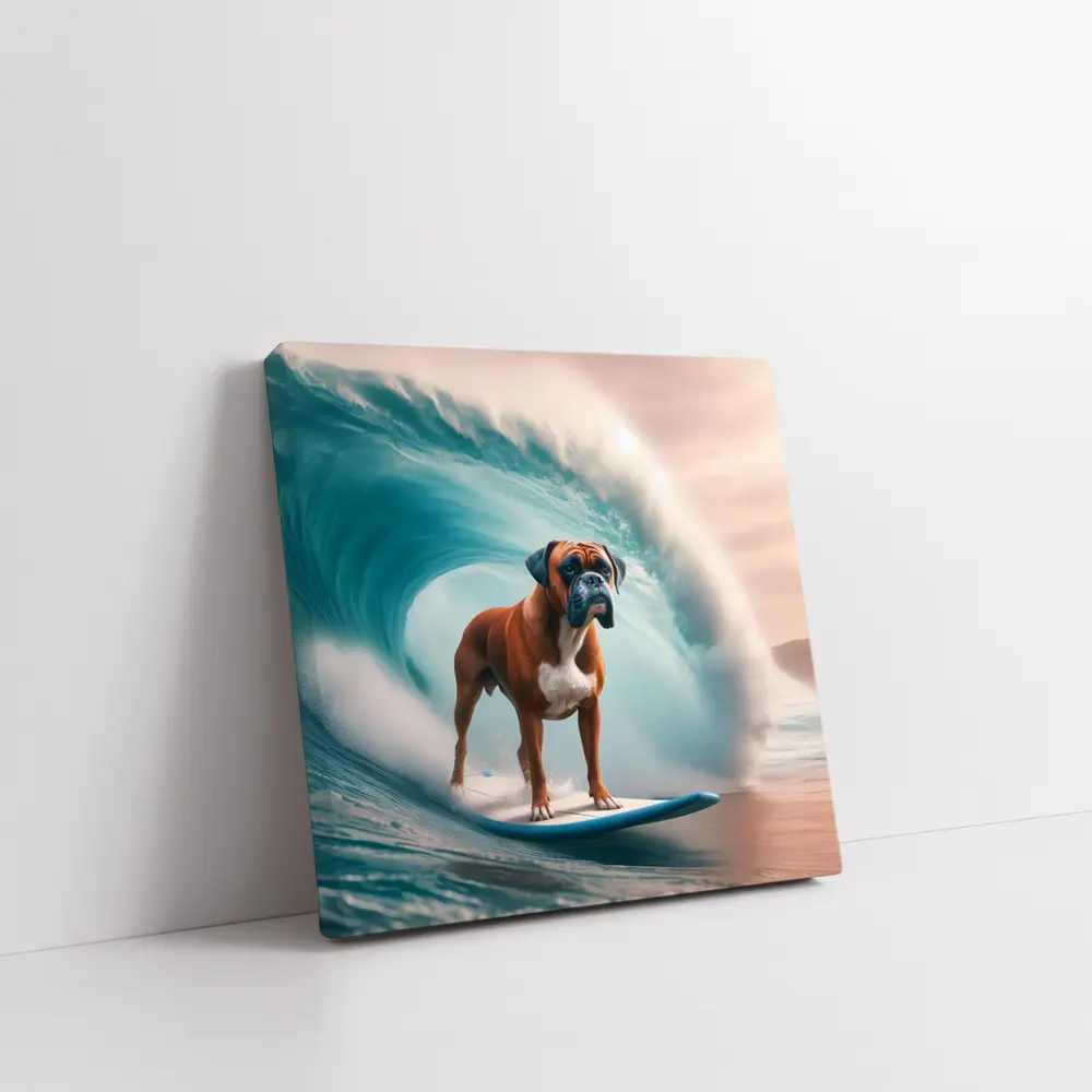 Boxer Dog Surfing Giant Ocean Wave – Wall Art