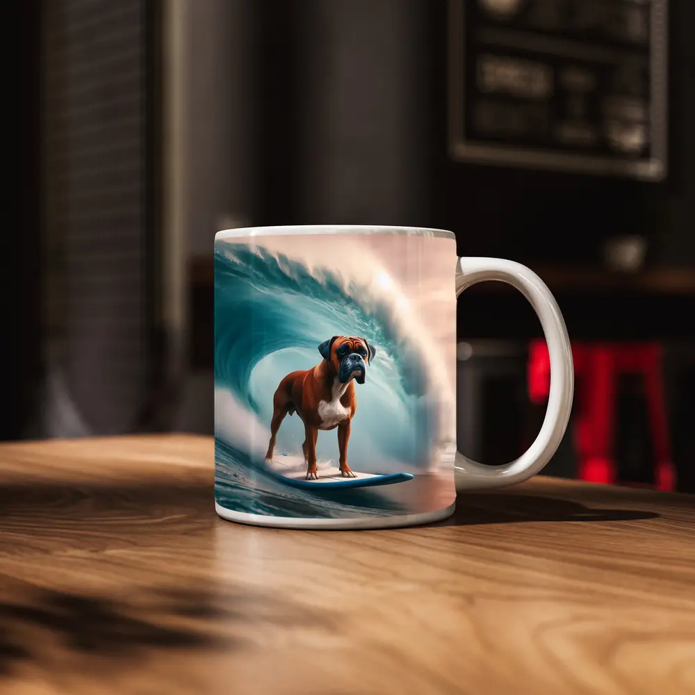 Boxer Dog Surfing Giant Ocean Wave – Mugs