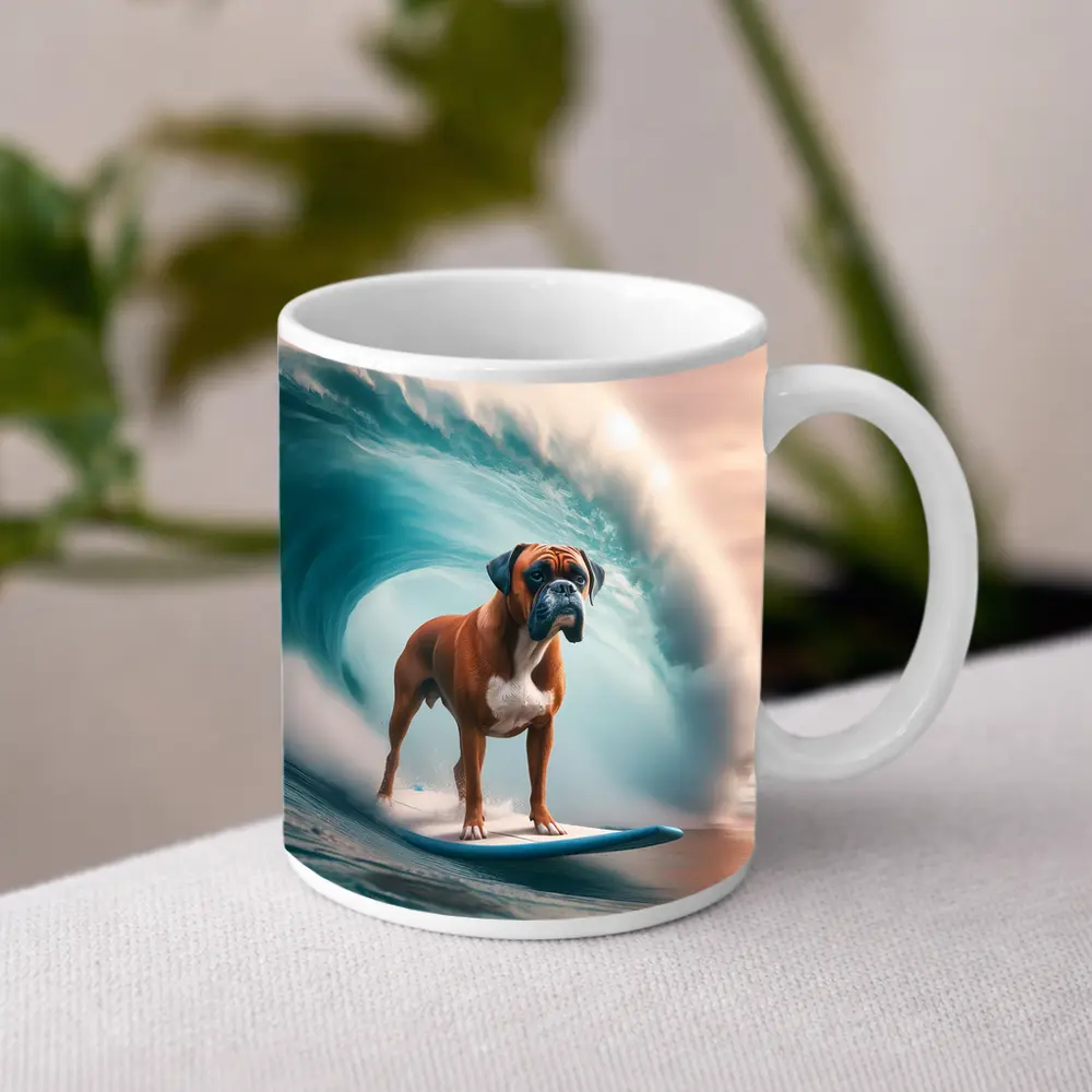 Boxer Dog Surfing Giant Ocean Wave – Mugs