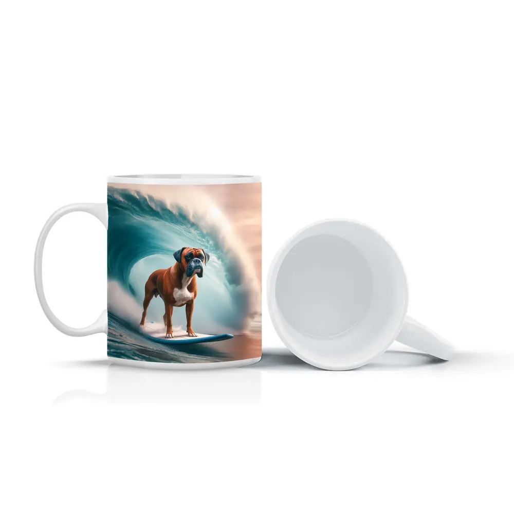 Boxer Dog Surfing Giant Ocean Wave – Mugs