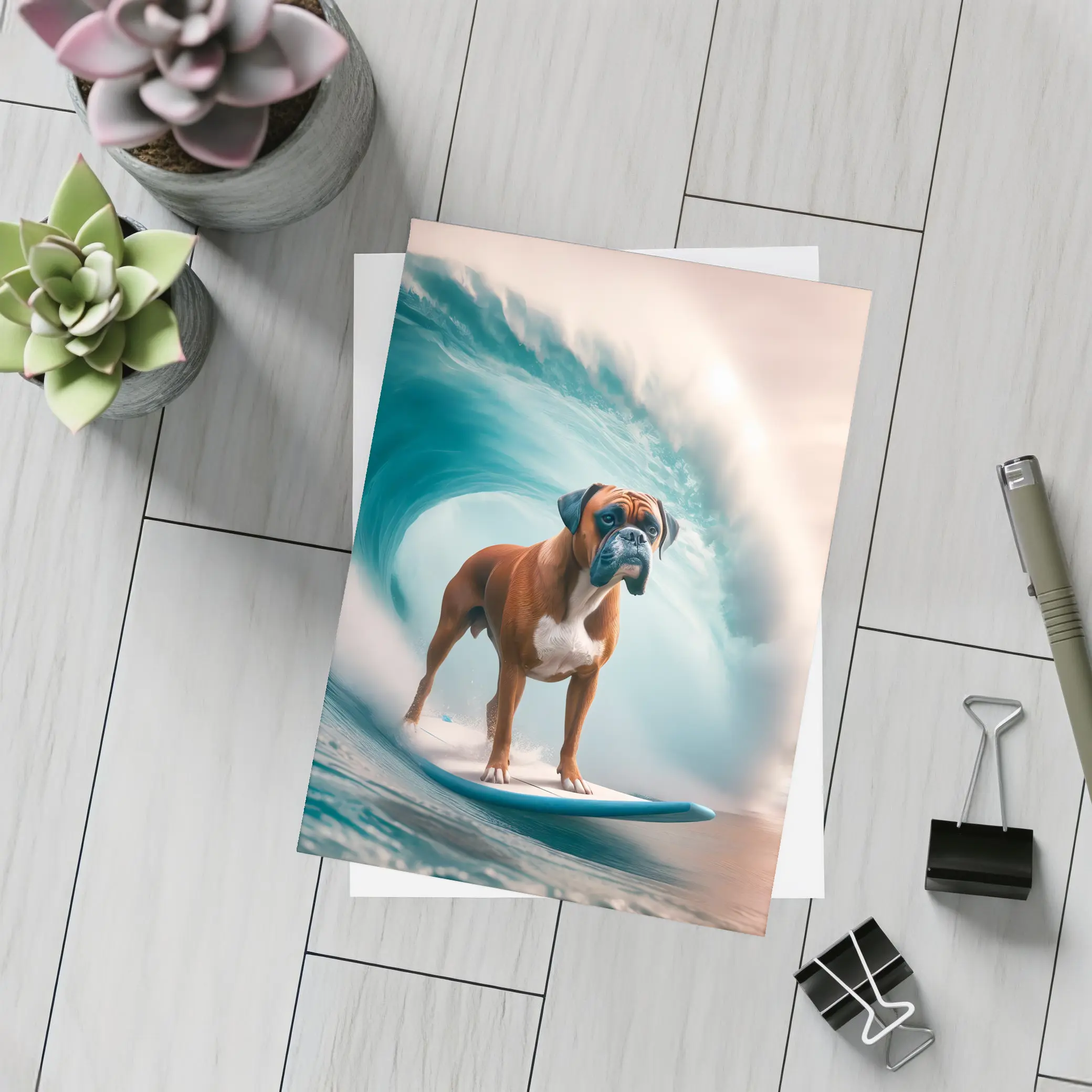 Boxer Dog Surfing Giant Ocean Wave – Postcards
