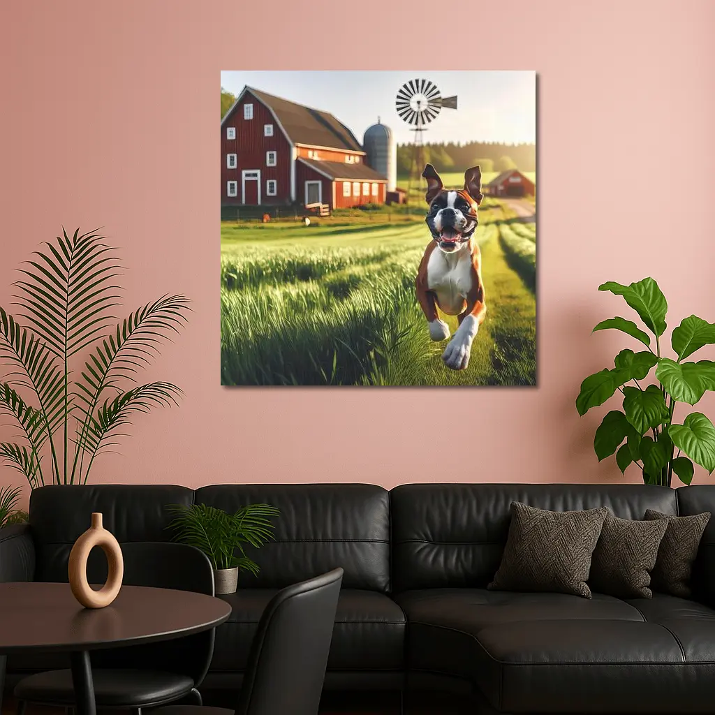 Boxer Dog Running on Green Farm Field – Wall Art