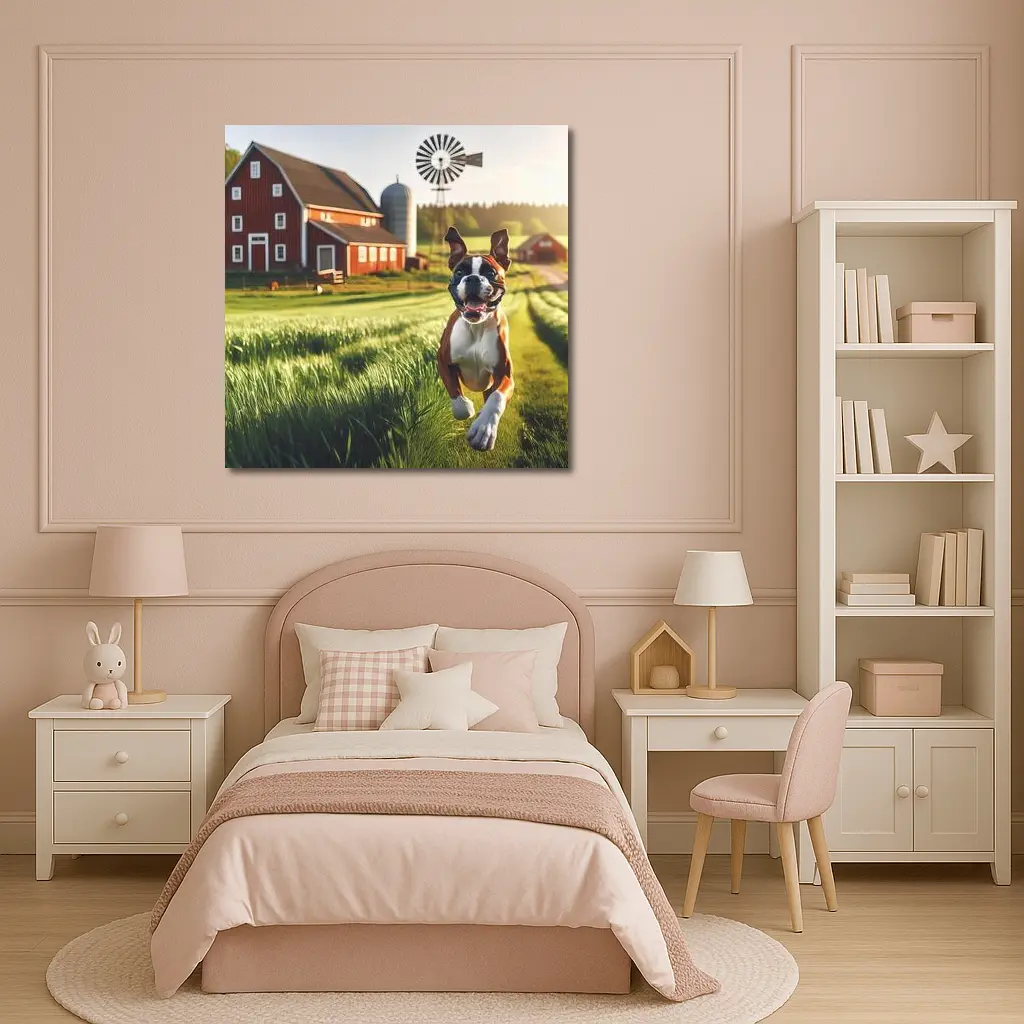 Boxer Dog Running on Green Farm Field – Wall Art