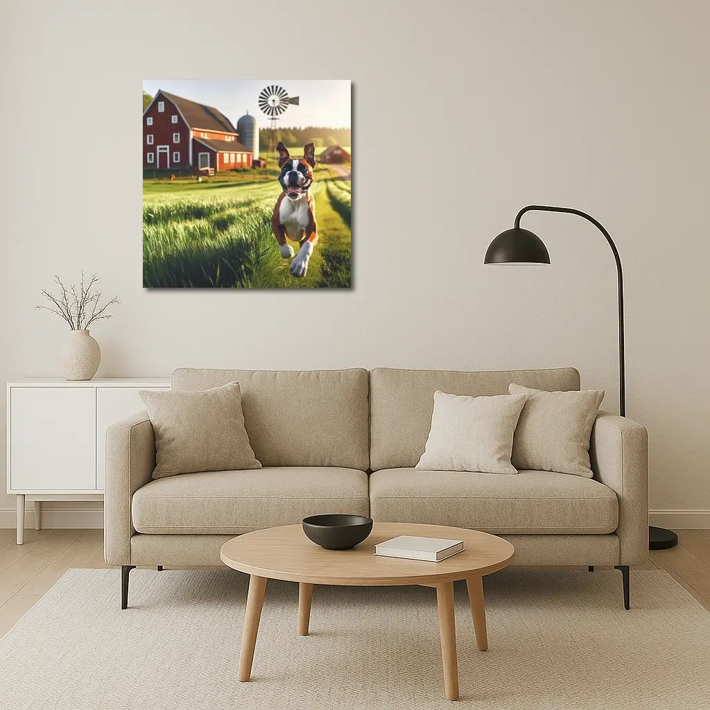 Boxer Dog Running on Green Farm Field – Wall Art