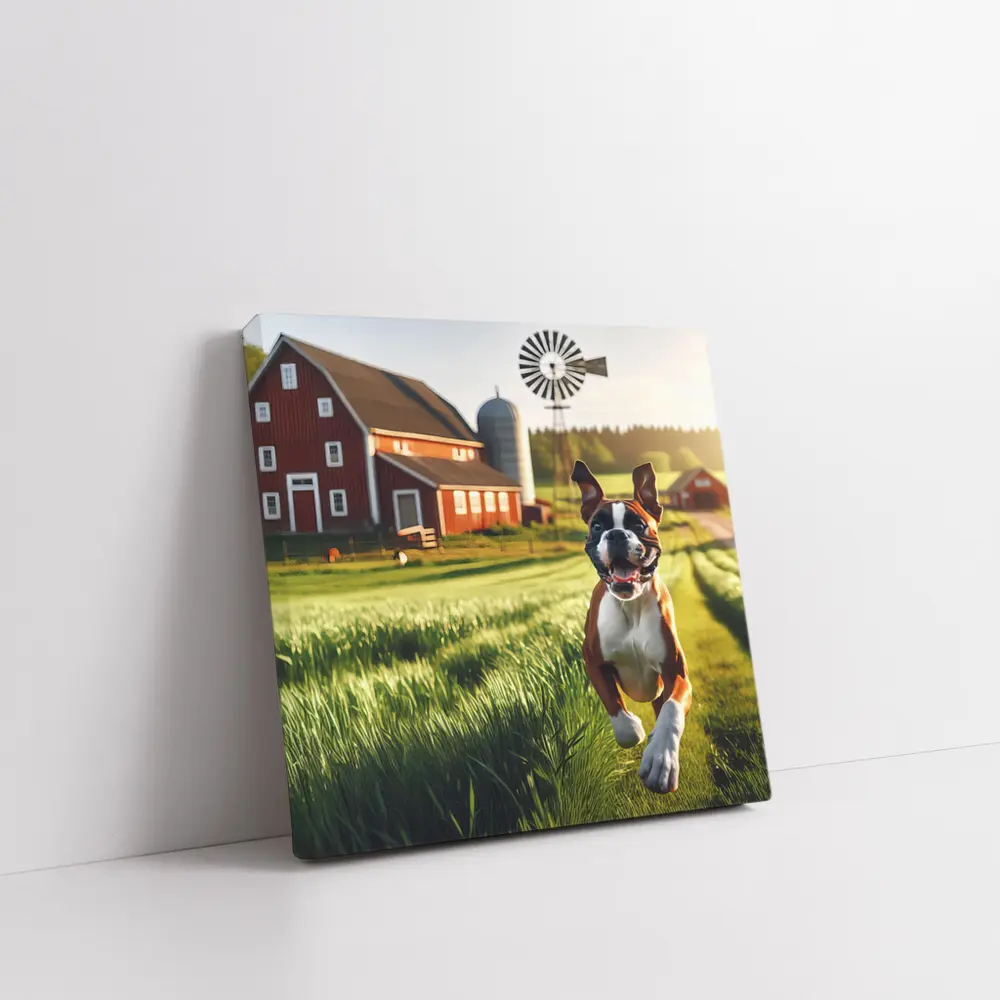 Boxer Dog Running on Green Farm Field – Wall Art