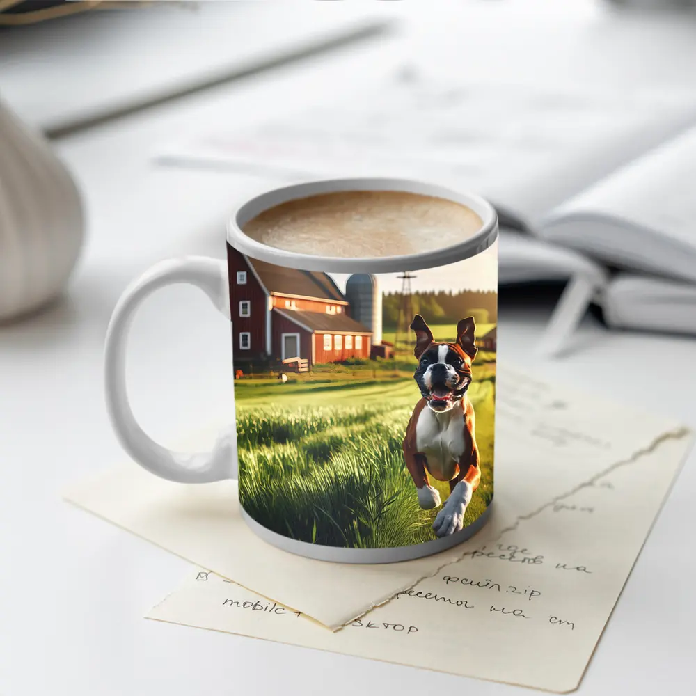 Boxer Dog Running on Green Farm Field – Mugs