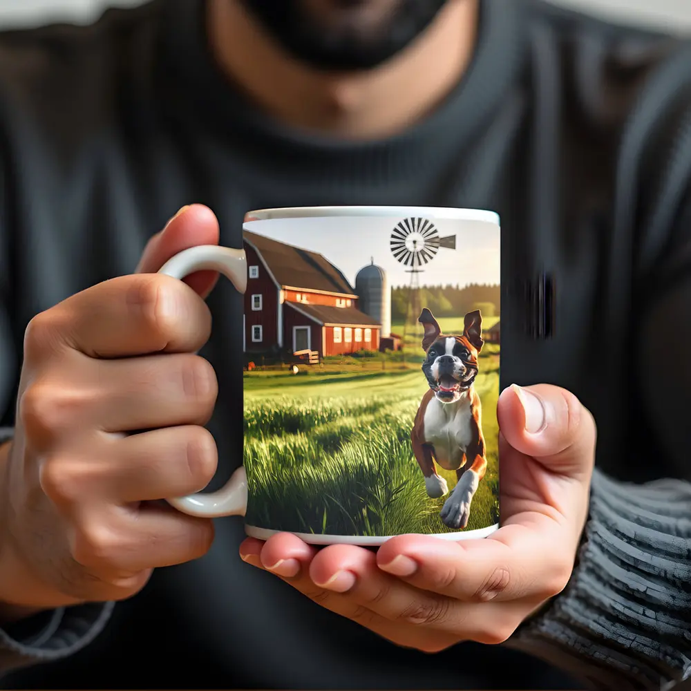 Boxer Dog Running on Green Farm Field – Mugs