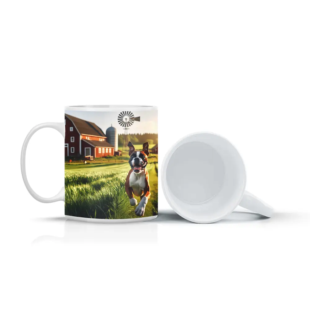 Boxer Dog Running on Green Farm Field – Mugs