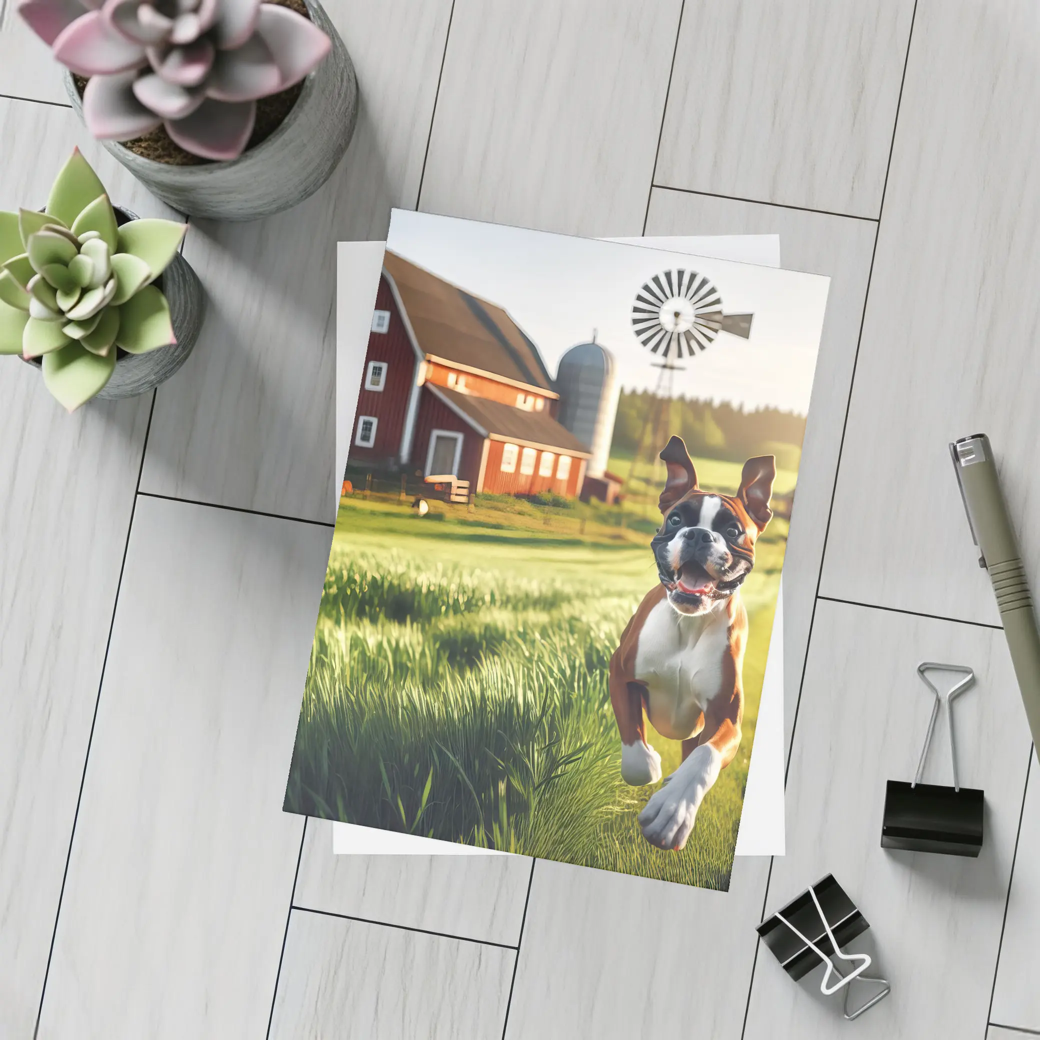 Boxer Dog Running on Green Farm Field – Postcards