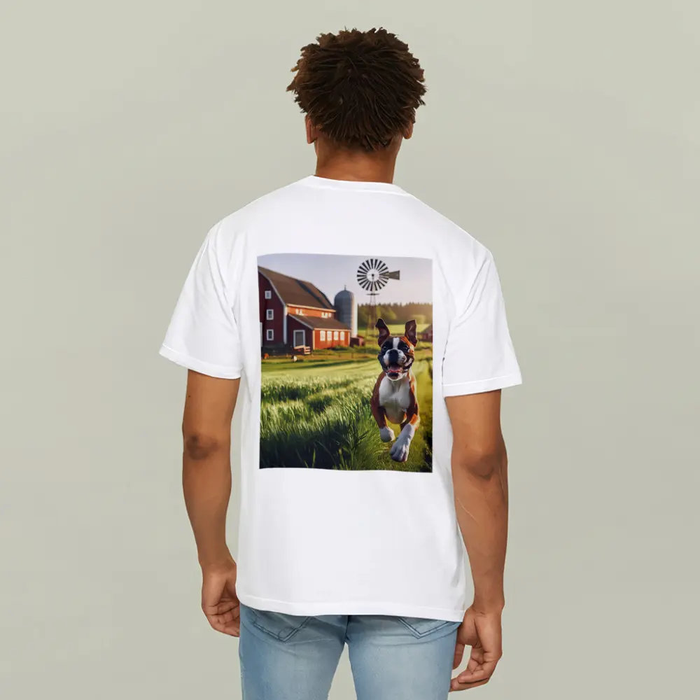 Boxer Dog Running on Green Farm Field – T-Shirts