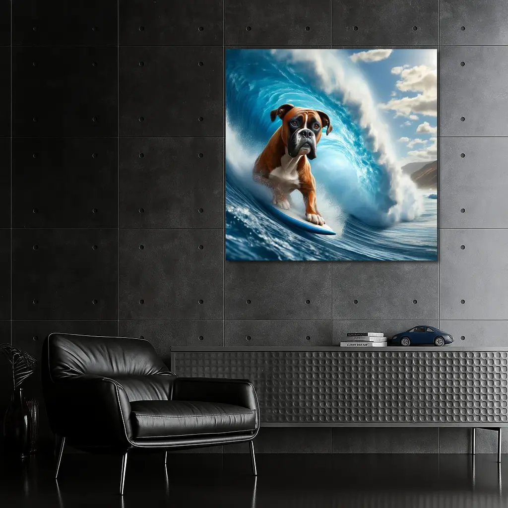 Boxer Dog Surfing Ocean Wave – Wall Art