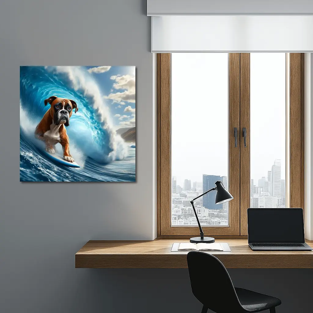 Boxer Dog Surfing Ocean Wave – Wall Art