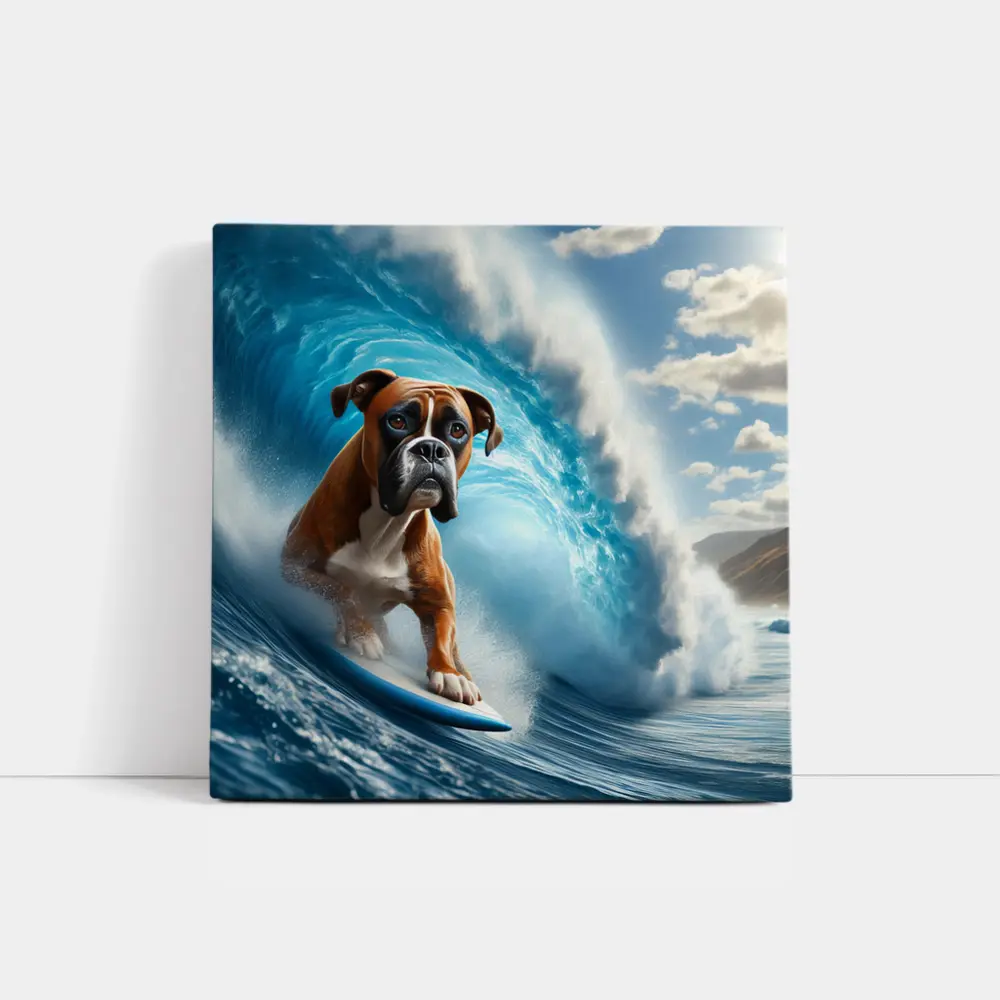 Boxer Dog Surfing Ocean Wave – Wall Art