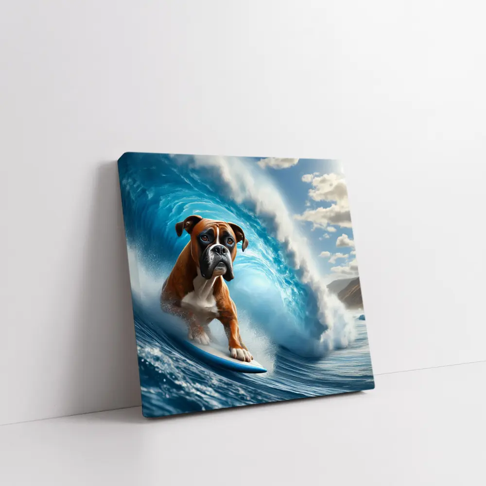 Boxer Dog Surfing Ocean Wave – Wall Art