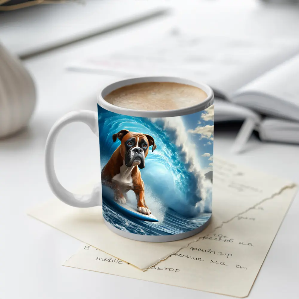 Boxer Dog Surfing Ocean Wave – Mugs