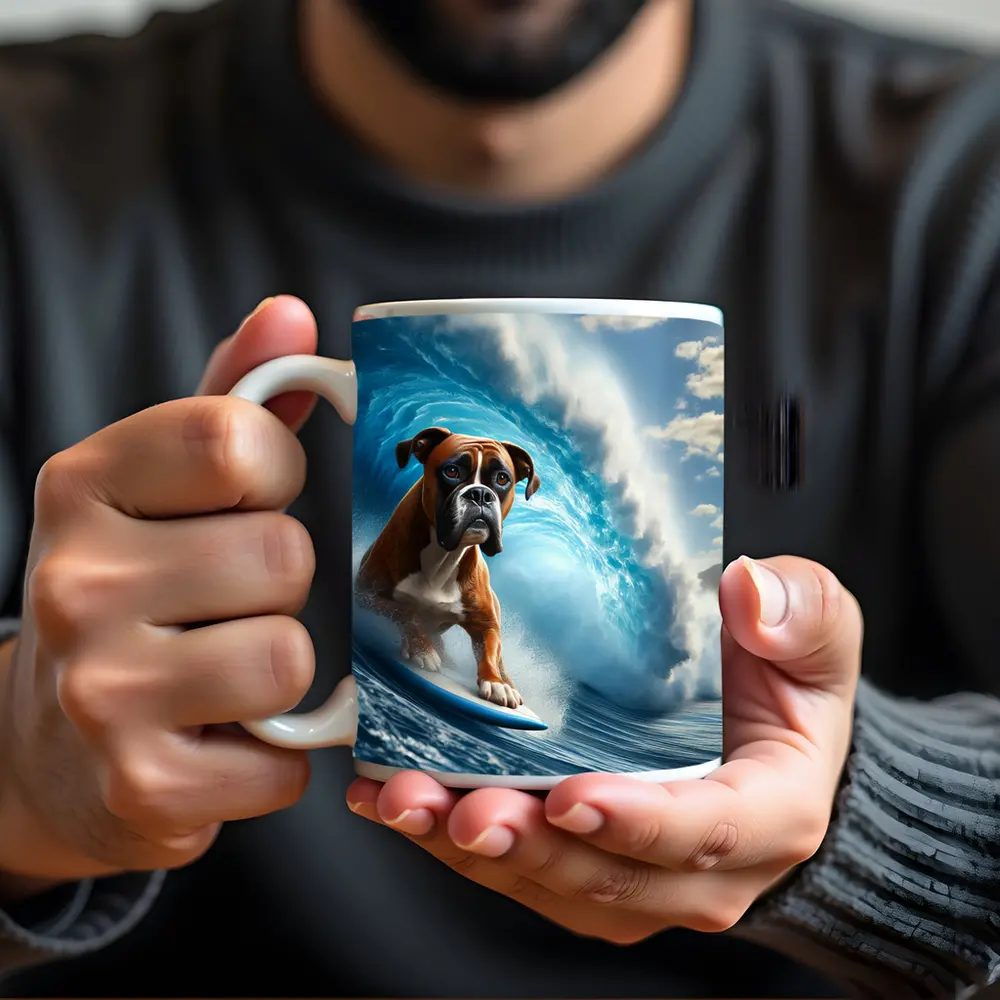 Boxer Dog Surfing Ocean Wave – Mugs