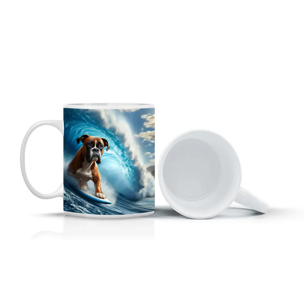 Boxer Dog Surfing Ocean Wave – Mugs