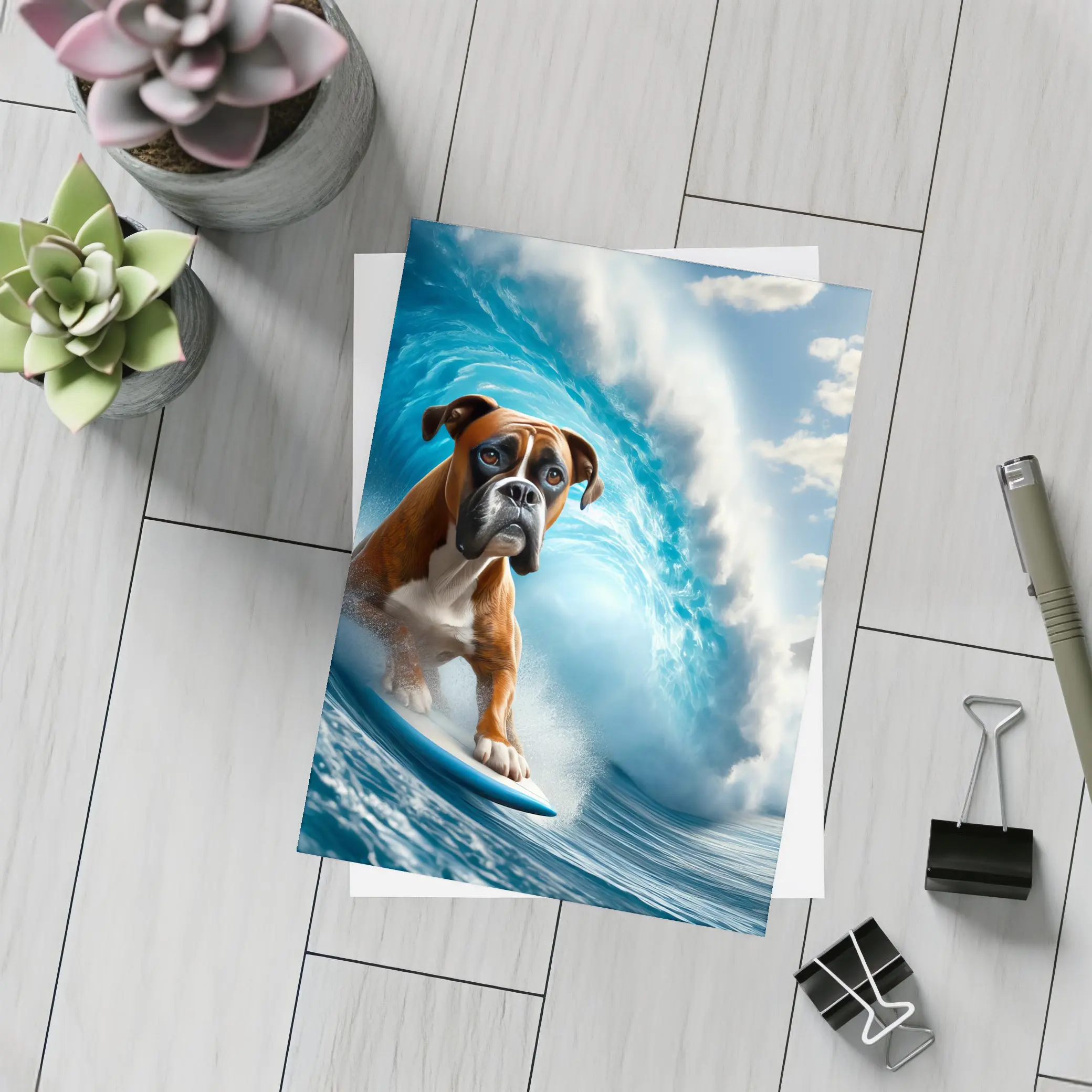 Boxer Dog Surfing Ocean Wave – Postcards