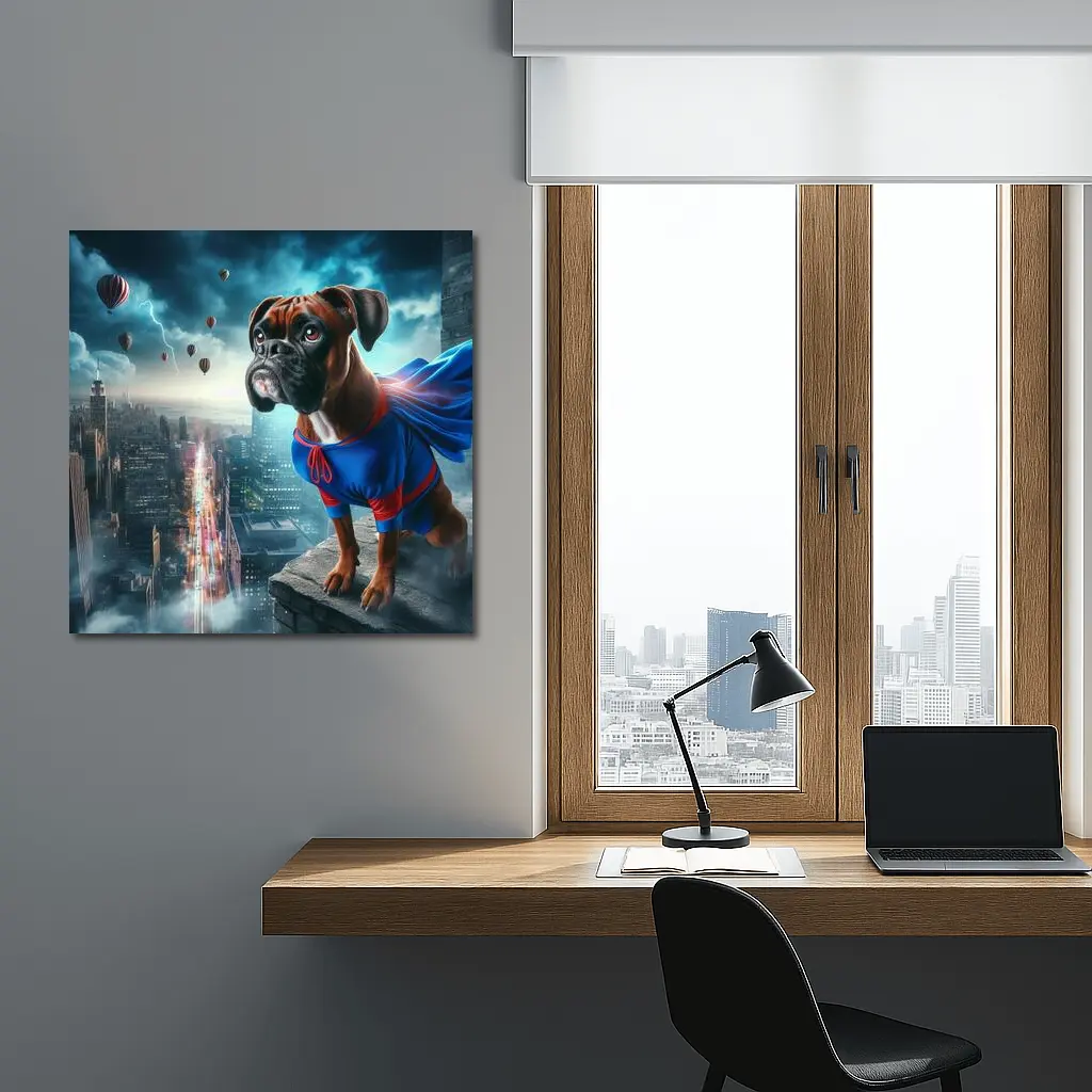 Boxer Dog Superhero Cape City Skyline – Wall Art
