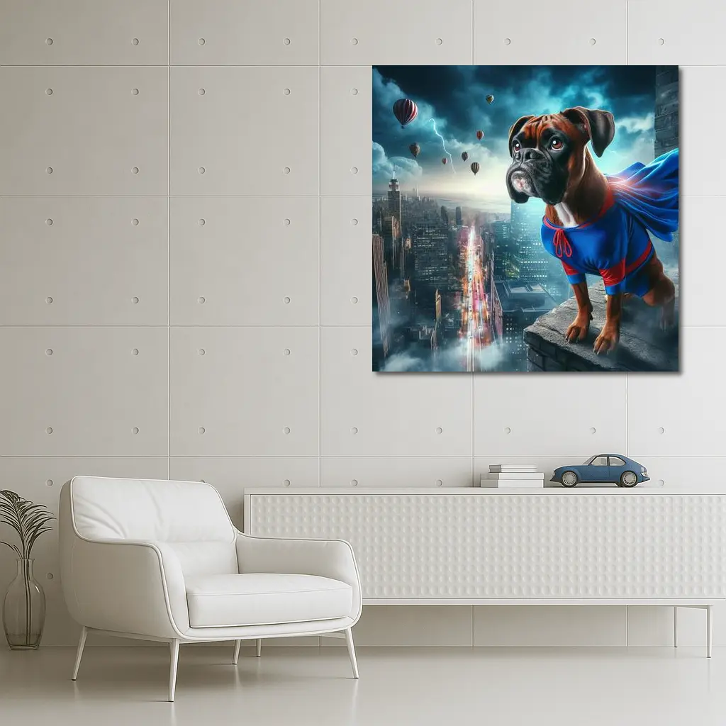 Boxer Dog Superhero Cape City Skyline – Wall Art